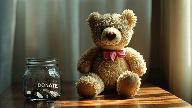 A soft, plush teddy bear sits beside a donation jar filled with coins on a wooden table, illuminated by natural light from a nearby window