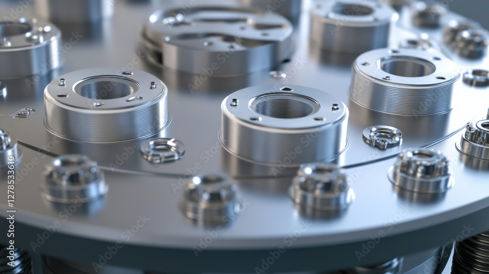 Poster close-up view of precision metal components on a machine part, showcasing intricate details and refl