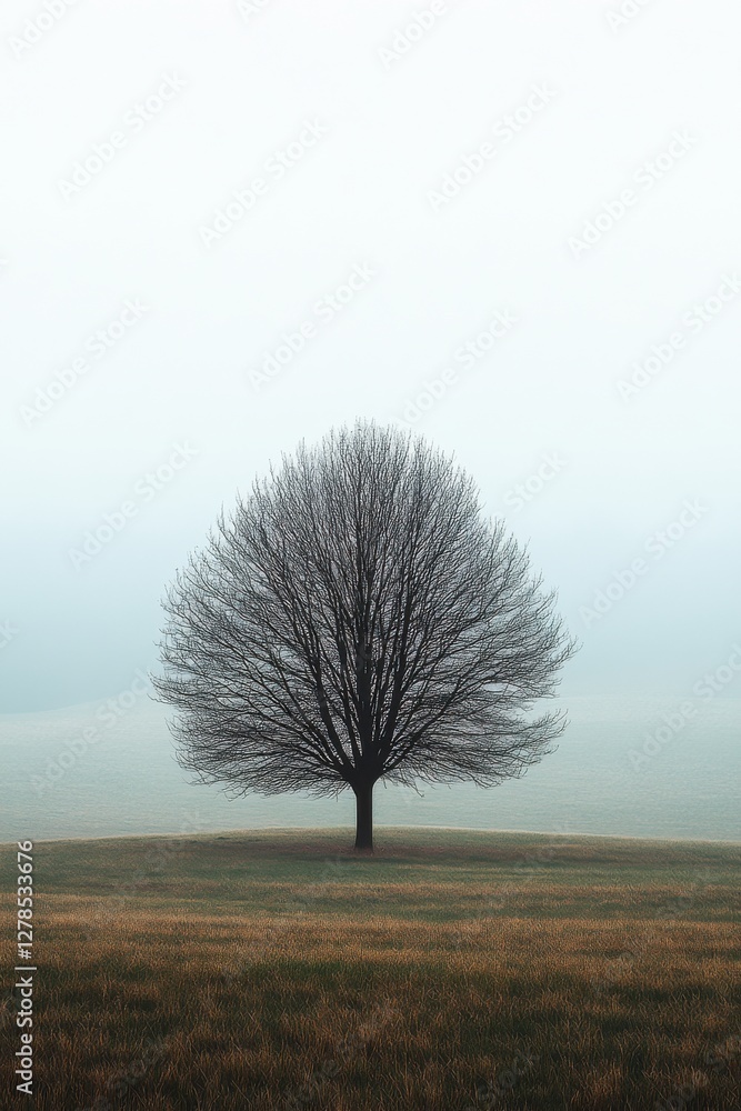Poster lonely tree standing alone in a foggy field at dawn, surrounded by muted colors and soft light