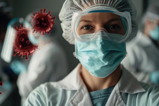 Healthcare professional wearing protective gear in a clinical setting amidst a backdrop of virus illustrations - Powered by Adobe