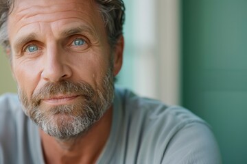 Obraz premium Middle-aged man with blue eyes and a thick beard poses thoughtfully against a green background in a warm and inviting setting