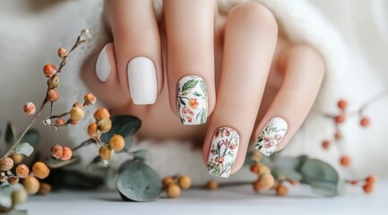 Naklejka premium A hand showcases beautifully painted nails decorated with floral patterns, featuring red flowers and green leaves. This creative nail art captures the essence of the winter holiday spirit