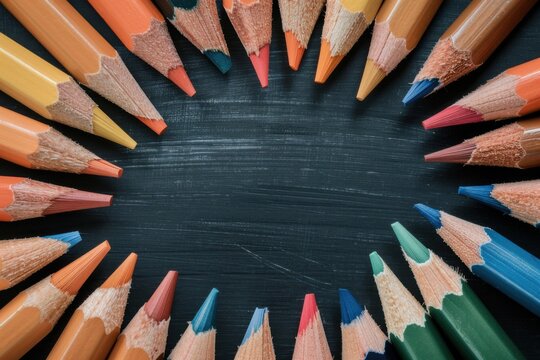 Colorful pencils arranged in a circular pattern on a dark background, creating a vibrant artistic display