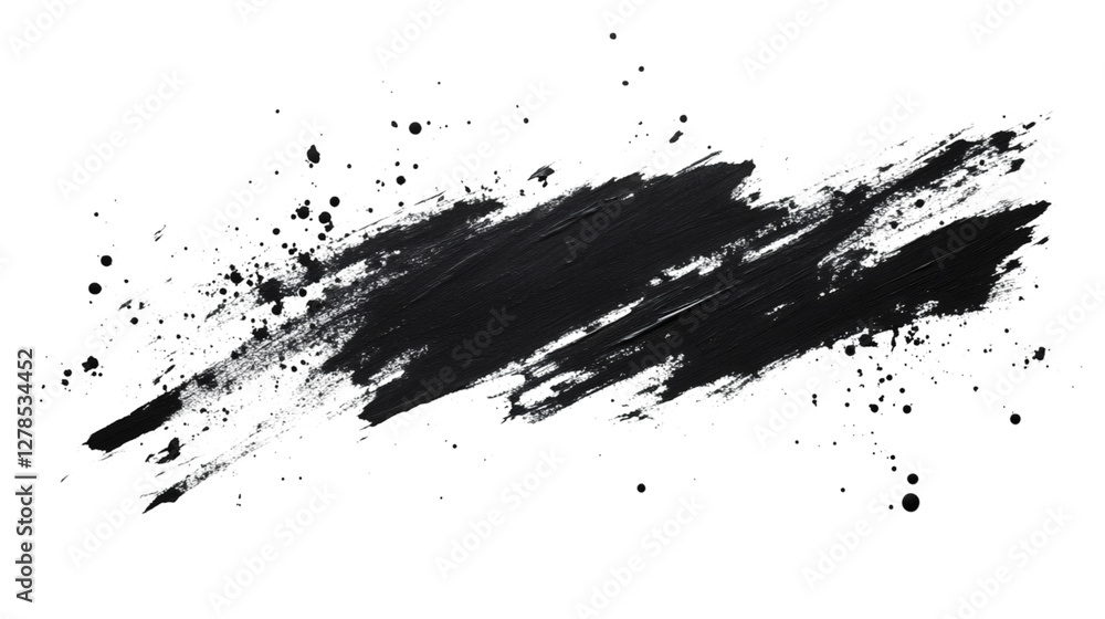 Poster Black ink paintbrush stroke creating dynamic splatters, transparent background allowing seamless graphic integration