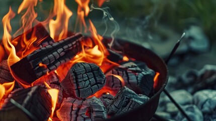 Flames dance in a charcoal grill during a summer barbecue gathering in a backyard setting on a warm evening