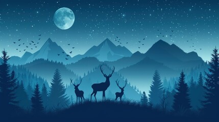 Fototapeta premium Serene Night in the Mountains: Majestic Deer Under the Moonlight