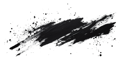 Black ink paintbrush stroke creating dynamic splatters, transparent background allowing seamless graphic integration
