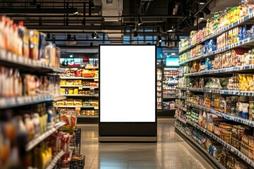 Blank billboard in a grocery store aisle, showcasing product placement opportunities