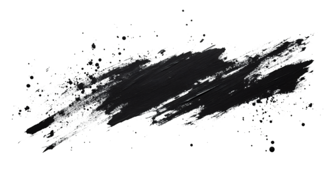 Black ink paintbrush stroke creating dynamic splatters, transparent background allowing seamless graphic integration