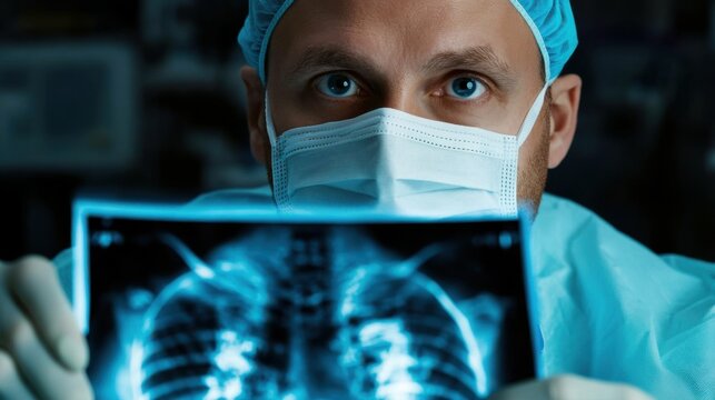 Hospital surgeon looking at X-ray before surgery, analyzing patient scans, deep concentration, professional medical setting
