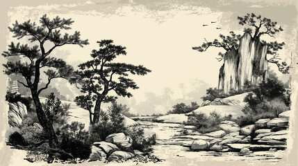illustration of a Chinese ink landscape