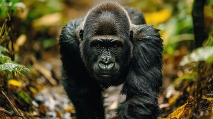 Obraz premium Gorilla moving through dense forest undergrowth in natural habitat during daylight hours