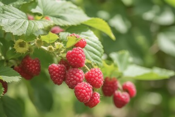 Cluster of ripe red raspberries growing on green leafy branch with soft natural light and blurred background