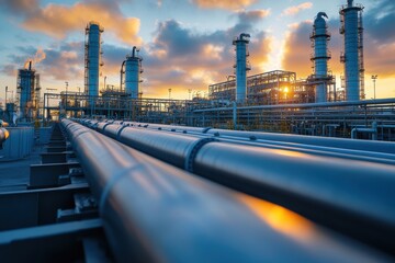 Oil refinery complex at sunset with pipes and towers in the foreground against a colorful sky