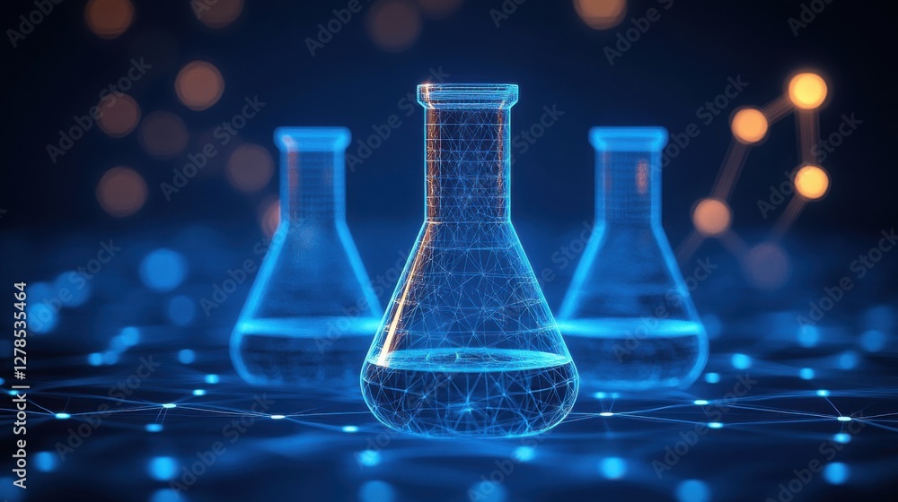 Poster glass laboratory flasks glowing in blue light with a network design in the background representing s