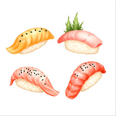 Set of different sushi Gourmet Fresh Seafood Meal Japanese Lunch Dinner Eatery Platter Restaurant Food Watercolor Illustration