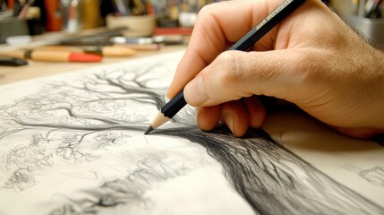 Naklejka premium Hand Drawing a Detailed Pencil Sketch of a Tree on Paper