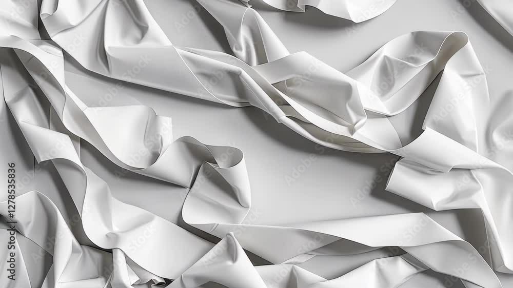 Poster soft white fabric creates an artistic display with flowing folds and dynamic shapes on a neutral bac