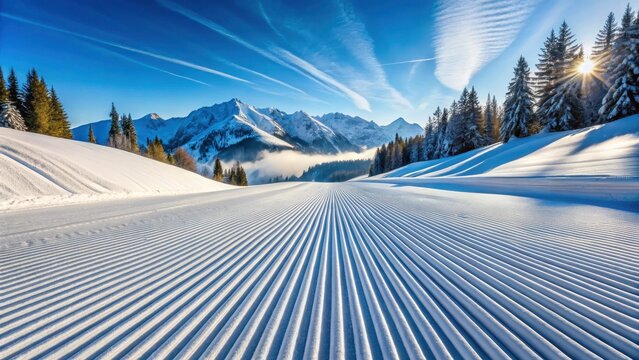 Freshly groomed ski piste with parallel tracks in pristine snow-covered terrain, leading down a gentle slope