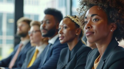 Obraz premium Professional individuals engaged in a meeting at a modern office during daylight hours, highlighting focus and collaboration among team members