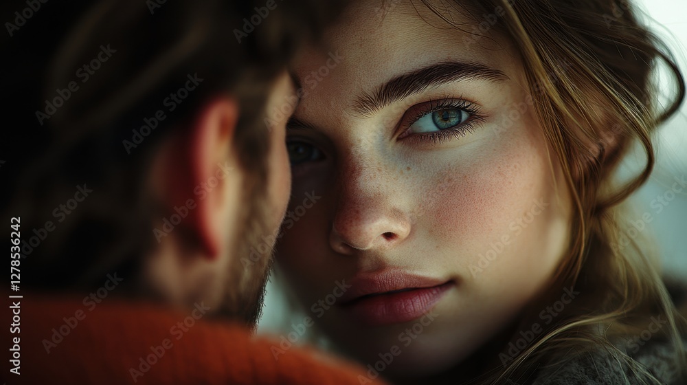 Poster intimate moment between two people showcasing deep connection and emotion in a cozy setting during l