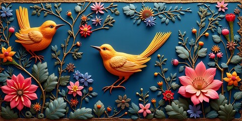 vibrant bird flower embroidery textile artisan handcraft