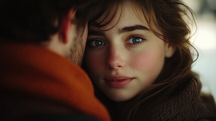 Young couple sharing an intimate moment in a cozy outdoor setting during the winter season, surrounded by soft, natural light and tranquility