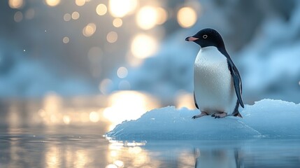 Obraz premium Antarctic penguin on ice floe at sunrise