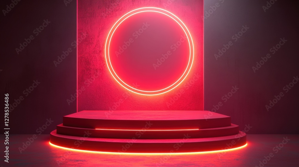 Poster vibrant red neon circle on a illuminated stage creates a striking visual display in a darkened setti