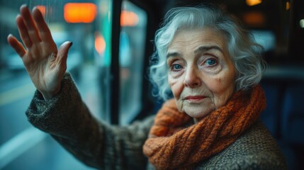 Obraz premium Elderly woman waiting for the bus on a rainy day, showcasing a moment of reflection and anticipation in an urban setting