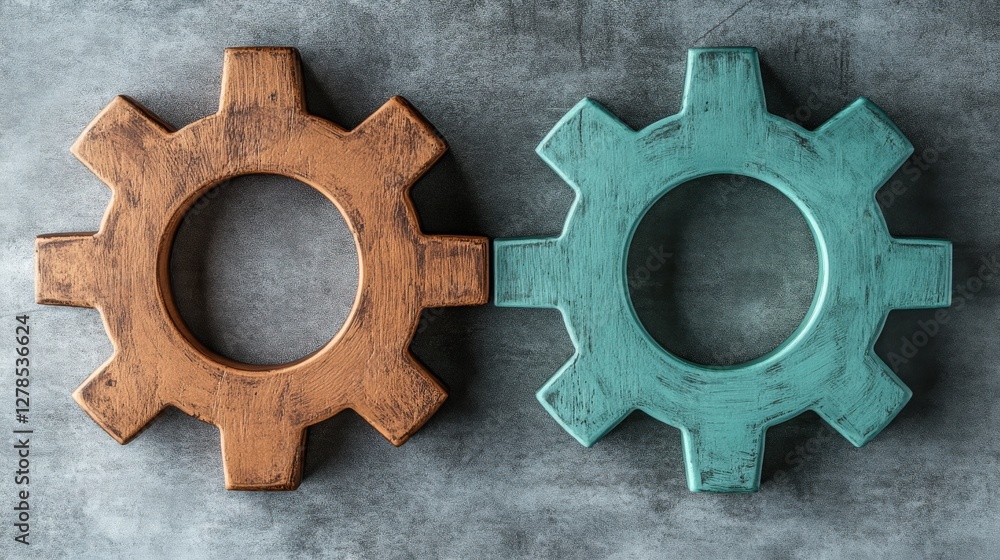 Poster two distinct gears in contrasting colors placed on a textured surface, showcasing design elements