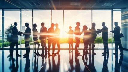 Corporate Networking Event with Business Professionals Shaking Hands in Modern Office at Sunset