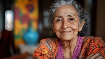 Fototapeta premium Elderly woman with joyful expression seated indoors, showcasing vibrant attire and cultural heritage in a cozy setting