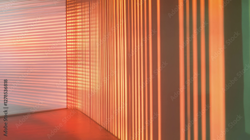 Poster abstract interior with warm lighting and linear wall texture for modern design concepts