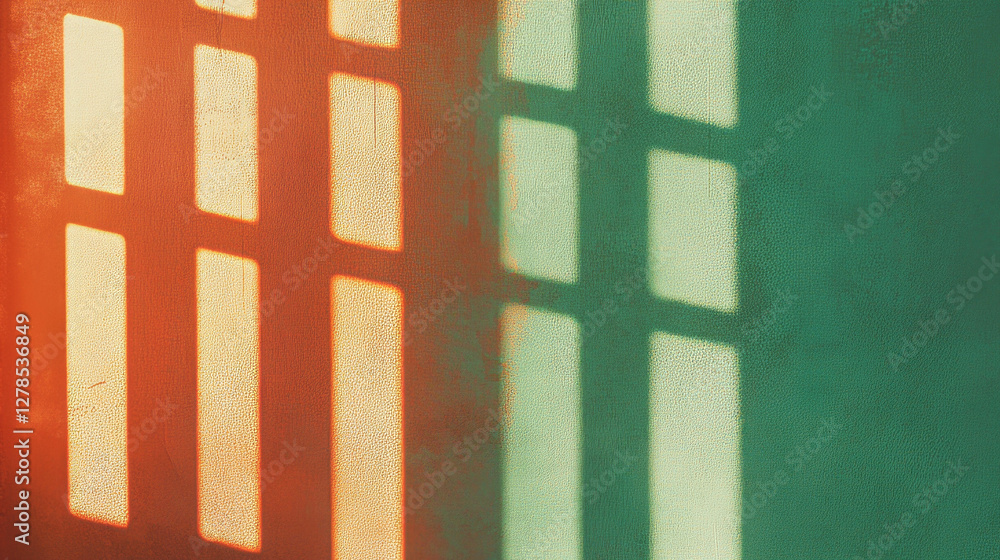 Poster Abstract textured wall with vertical molding lines and colorful light patterns