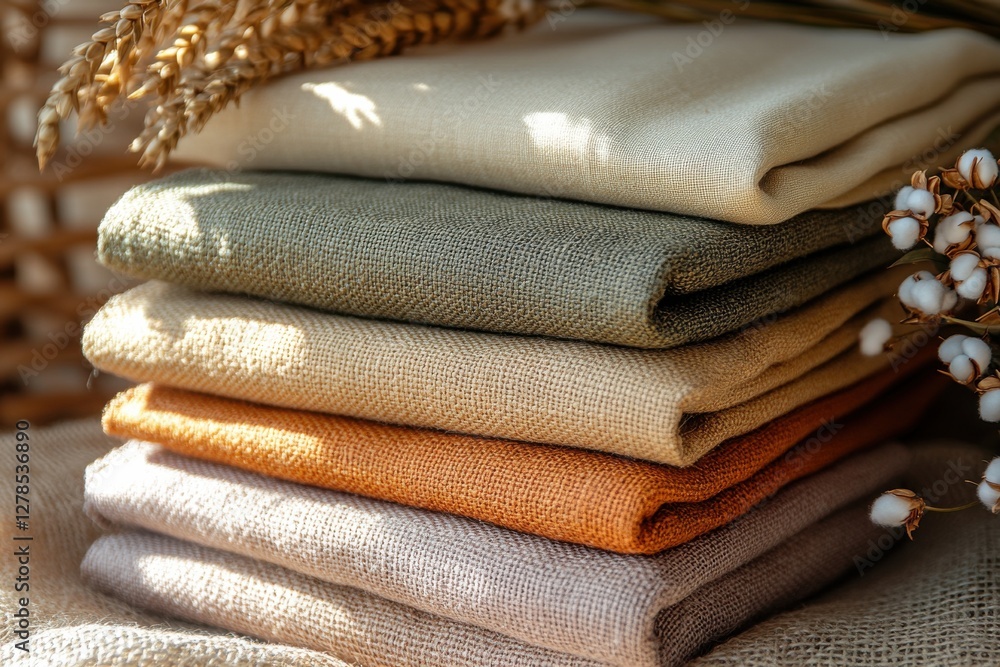 Poster linen napkins in earthy tones stacked neatly on a rustic table with dried flowers in a cozy setting 