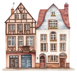 PNG Vintage German townhouses architecture illustration watercolor.