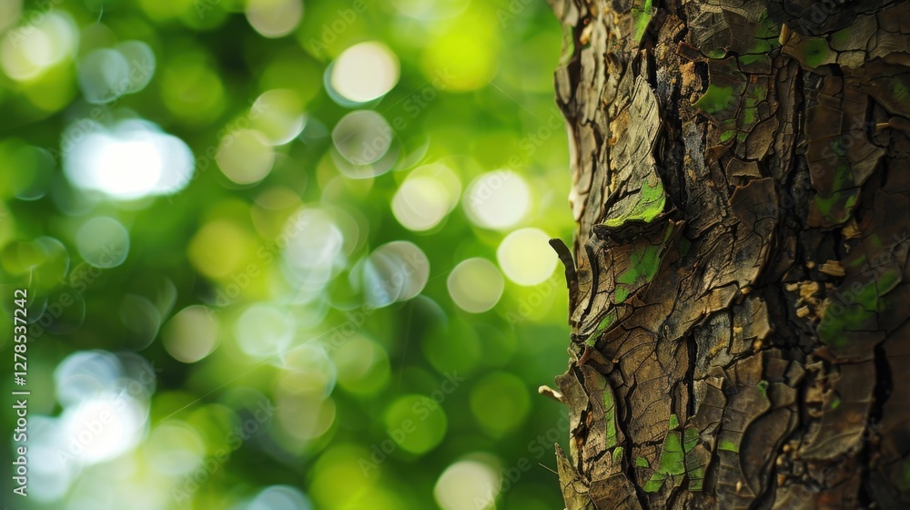 Poster close-up view of textured tree bark with blurred green foliage in the background during a sunny day 