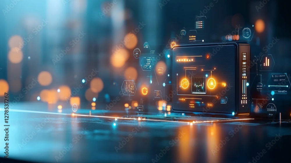 Poster data analysis and visualization tools modern office space digital art high-tech environment close-up