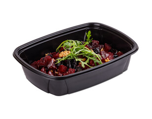 A black container filled with assorted food items on a white bg