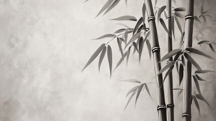 Obraz premium Monochrome bamboo stalks and leaves against a misty background.