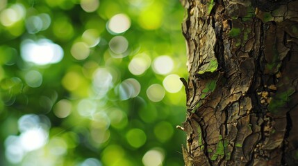 Obraz premium Close-up view of textured tree bark with blurred green foliage in the background during a sunny day in a forest
