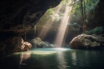 Naklejka premium Hidden cave pool with sunlight streaming through rocky opening surrounded by lush greenery