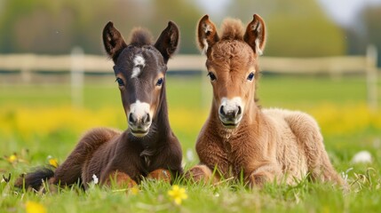 Fototapeta premium Two adorable foals resting peacefully on a grassy meadow with flowers under a clear sky in springtime