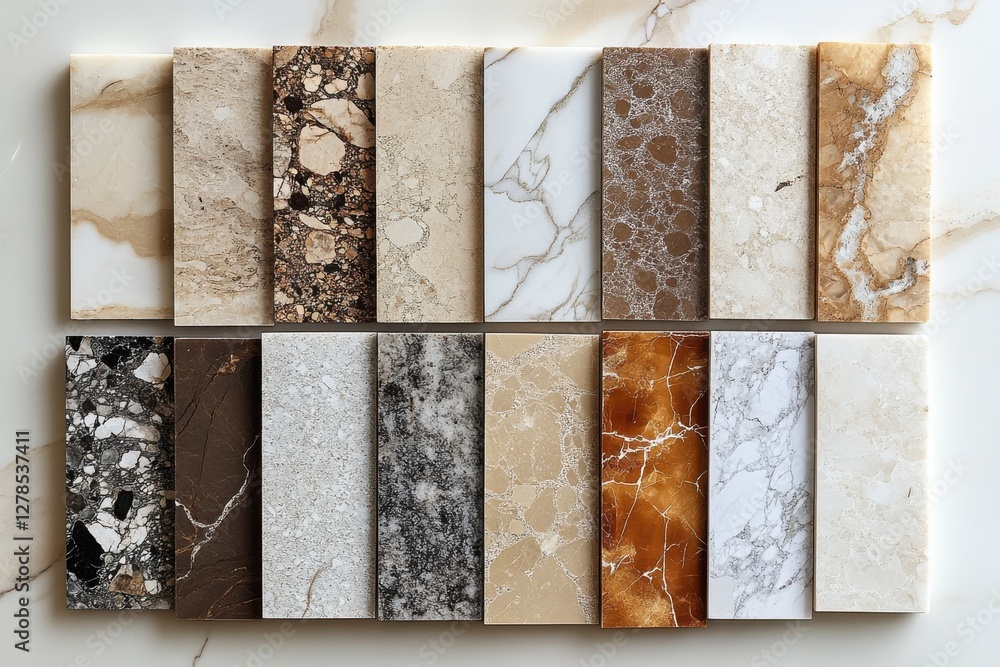 Poster diverse range of marble and stone samples displayed on a light background showcasing various texture