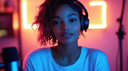 Woman in headphones smiles in a colorful studio setting while preparing for a streaming session late at night