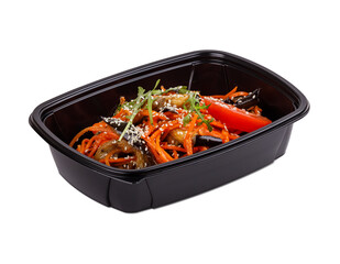 A black plastic container that is filled with fresh carrots and ripe tomatoes