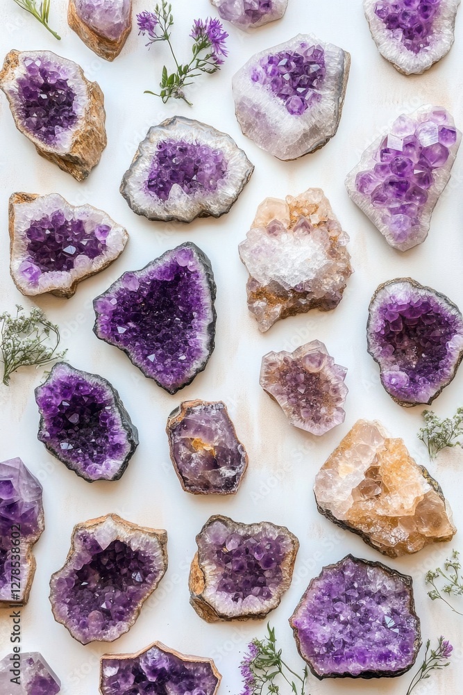 Poster collection of various amethyst crystals with unique shapes and colors displayed on a light backgroun