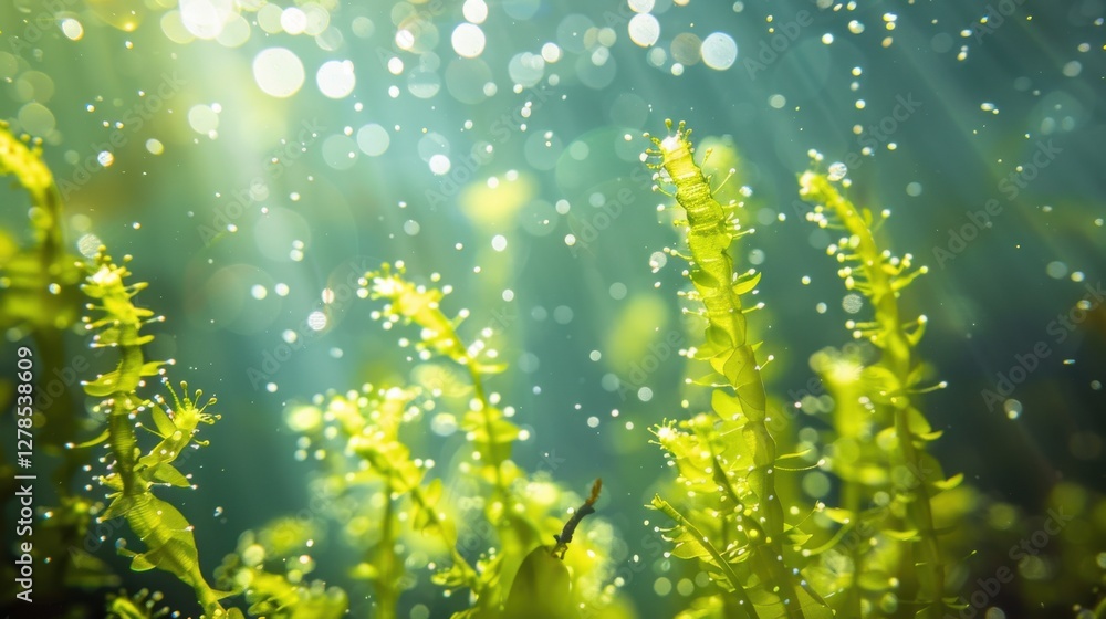 Aufkleber underwater greenery illuminated by sunlight creating a serene atmosphere with bubbles in a tranquil 