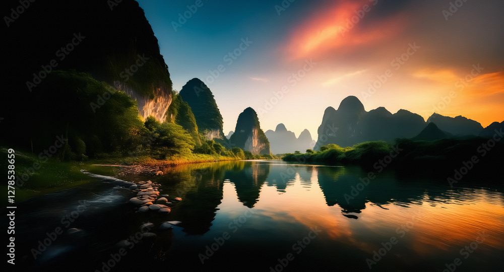 Aufkleber dramatic mountains meet still waters under a colorful sunset sky. reflections create a mirror image 